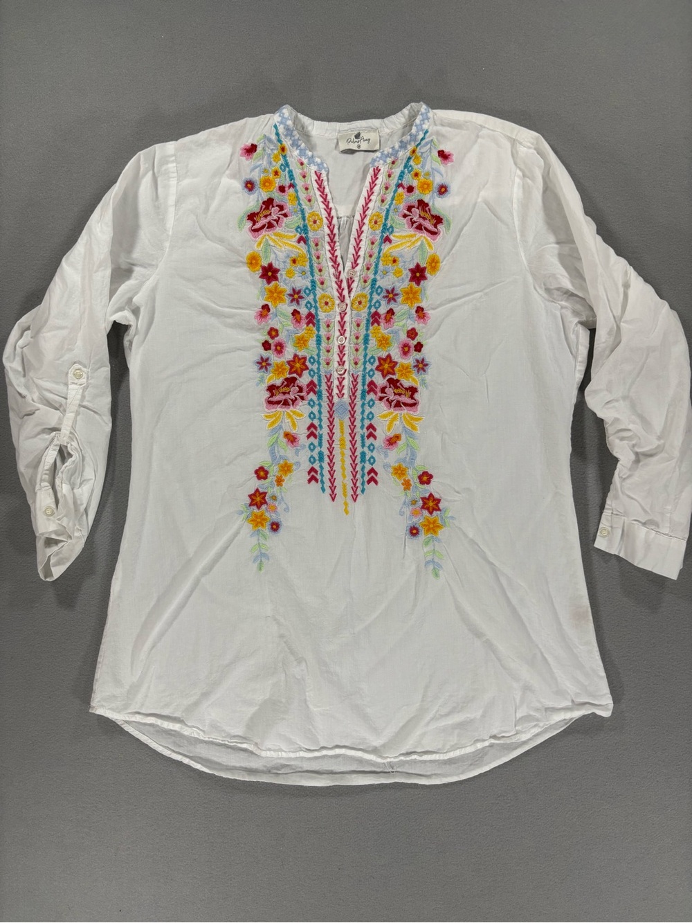 Palms Away Women’s White Embroidered V-Neck Tunic Top M cotton